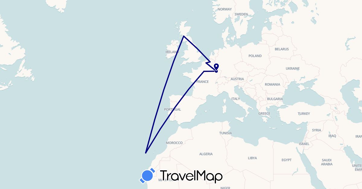 TravelMap itinerary: driving in Belgium, Spain, France, United Kingdom (Europe)